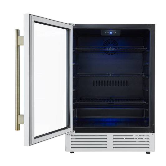 Forno Frescolino 24-Inch Beverage Cooler, 188-Can Capacity, Triple-Glass Door, LED Lighting, White with Antique Brass Accents (Model FWCDR6665-24WHT)