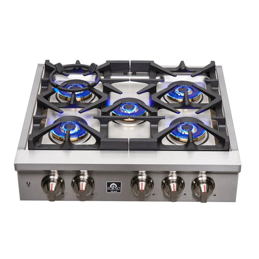 Forno Spezia 30-Inch Gas Rangetop with 5 Burners, Wok Ring and Griddle, Stainless Steel (Model FCTGS5751-30)