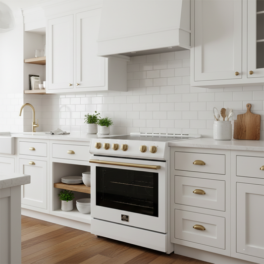 Forno Espresso Leonardo 30-Inch Freestanding Induction Range, 5.0 cu. ft. Oven, Knob Controls, White with Antique Brass Accents (Model FFSIN0982-30WHT)