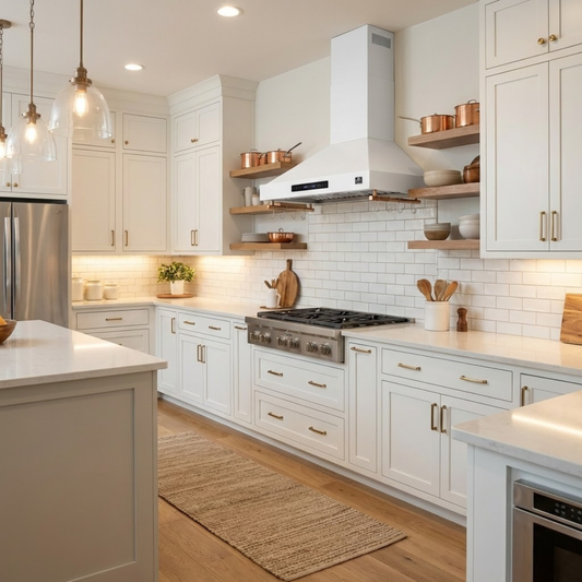 Forno Venezia 36-Inch Wall-Mount Ducted Range Hood, 370 CFM, Touch Controls, LED Lighting, White with Antique Brass Accents (FRHWM5503-36WHT)