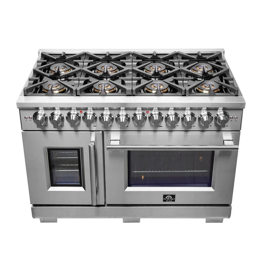 Forno Capriasca 48-Inch Freestanding Dual Fuel Range with Gas Cooktop, Double Electric Oven, 6.58 cu. ft., Left-Swing Door, Stainless Steel (FFSGS6387-48)