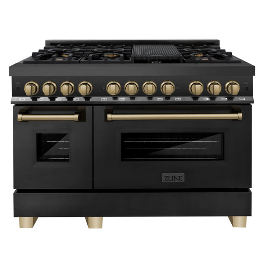 ZLINE Autograph Edition 48-Inch Dual Fuel Range, 6.0 cu ft, Black Stainless Steel with Champagne Bronze Accents (RABZ-48-CB)