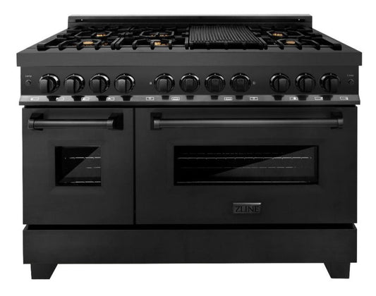 ZLINE 48 in. Dual Fuel Range with Gas Cooktop, Electric Oven, Black Stainless Steel Finish, Brass Burners (RAB-BR-48)